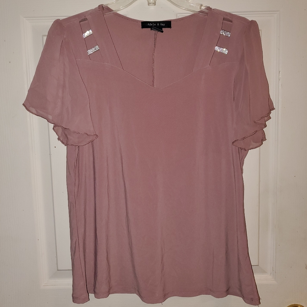 5 for $25 | Adele & May Sweetheart Neckline Blouse with Sheer Short Sleeves